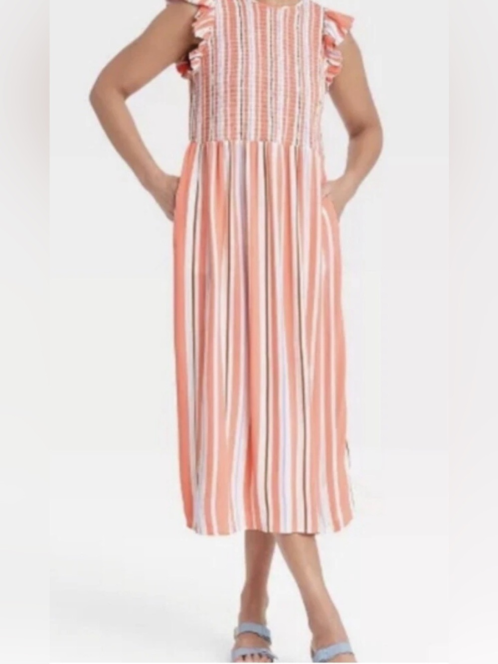 A New Day XL Coral Stripe Smocked Flutter Sleeve Midi Dress Boho Cottagecore